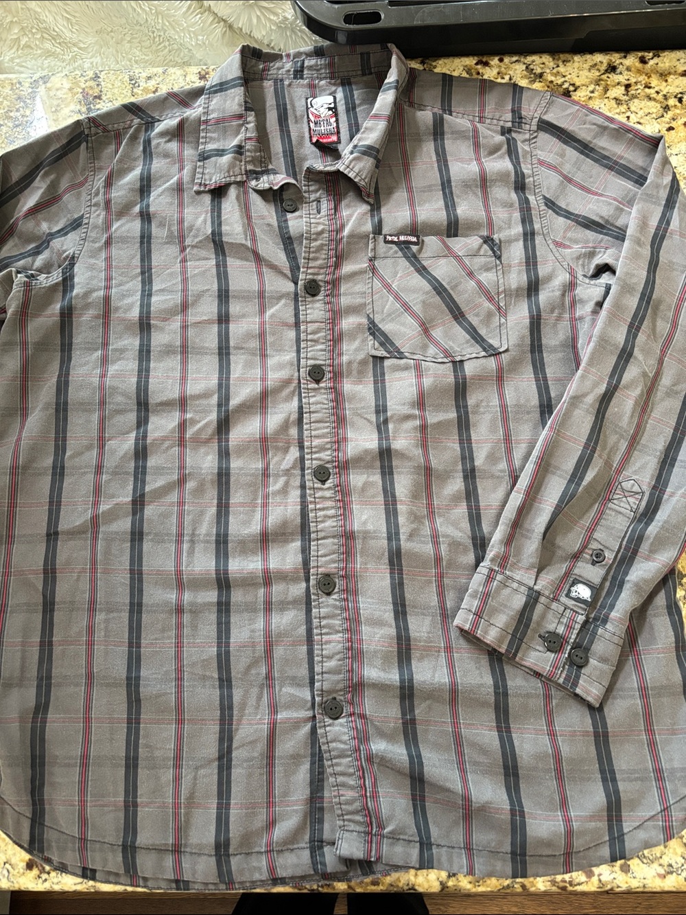 Metal Mulisha Men's Gray Plaid Button-Down Shirt with Red Accents